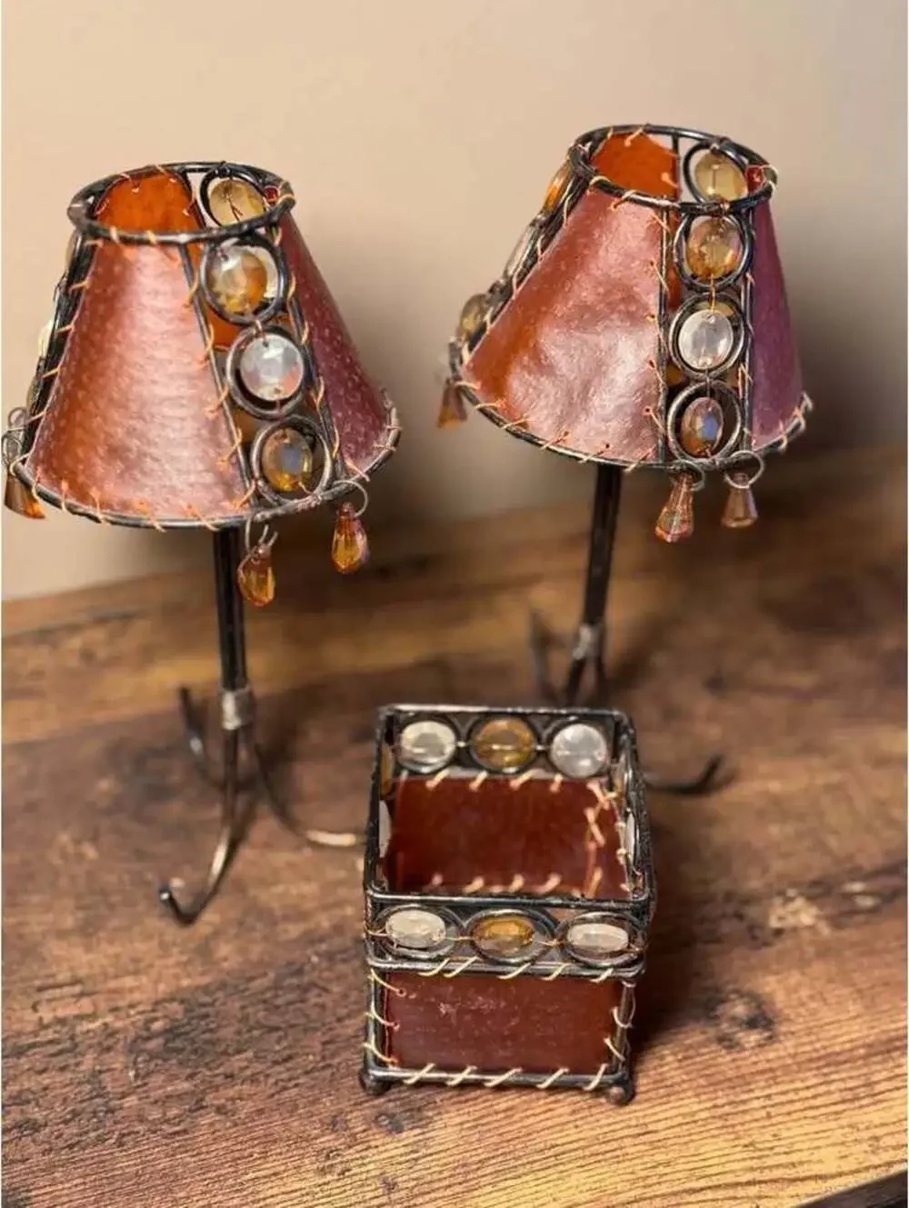 3-Piece Rustic Beaded Candle Holder Set